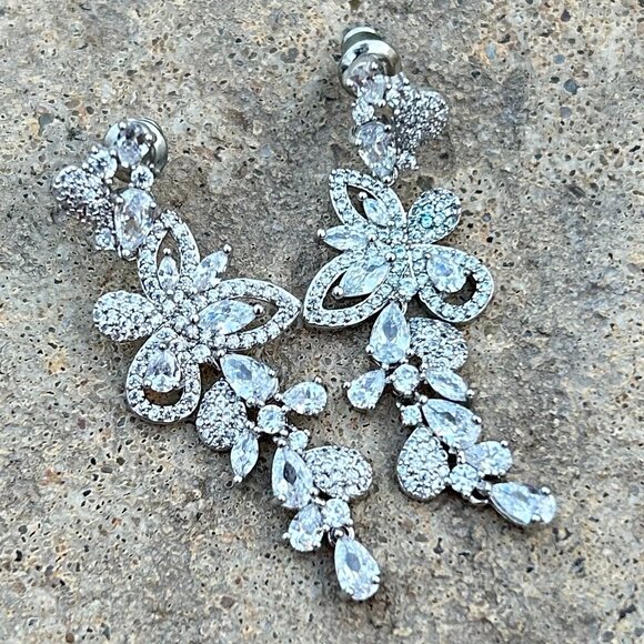 Silver Crystal Butterfly Dangle Earrings - Picture 2 of 3